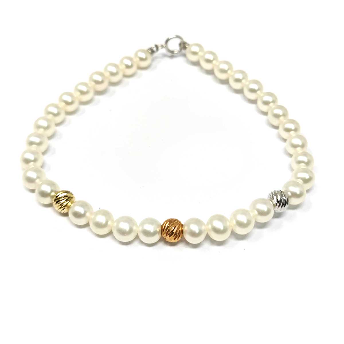 Bracciale di Perla A.D. 5/5.5 mm con 3 Sfere in Oro Biicolore