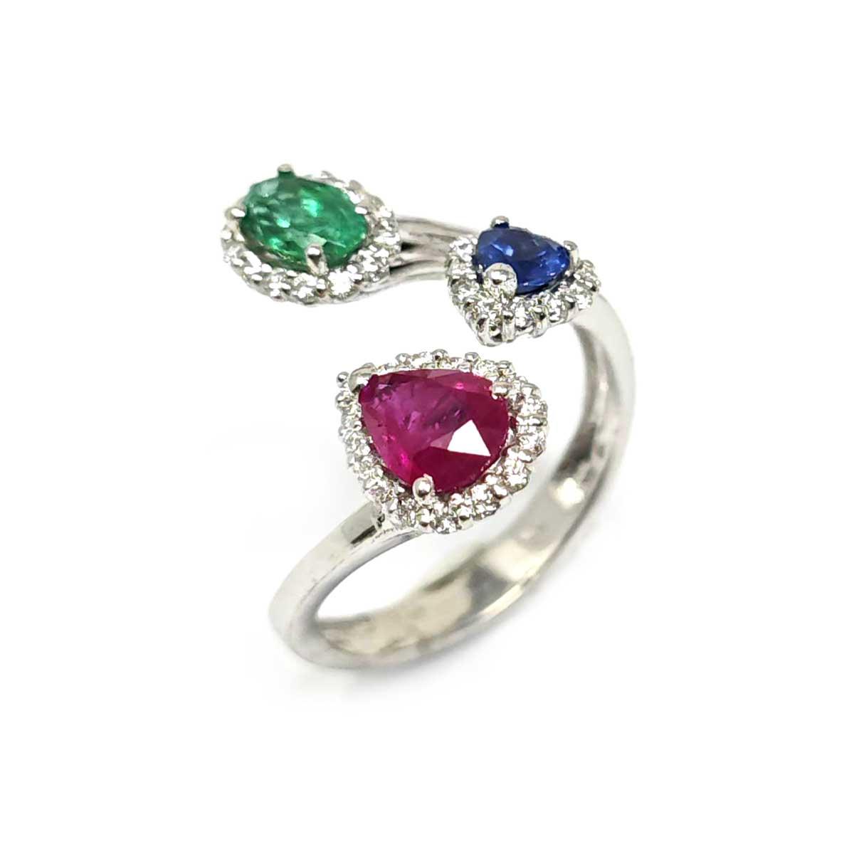 Anello con Smeraldo CT 0.40 Rubino CT 0.60 e Zaffiro CT 0.30