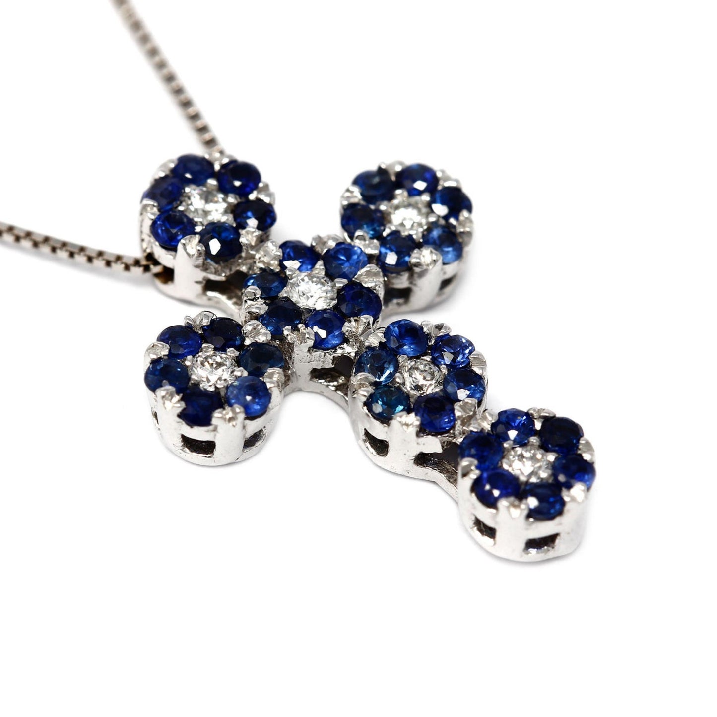 Pendente Croce con Diamanti CT 0.12 e Zaffiri CT 0.38
