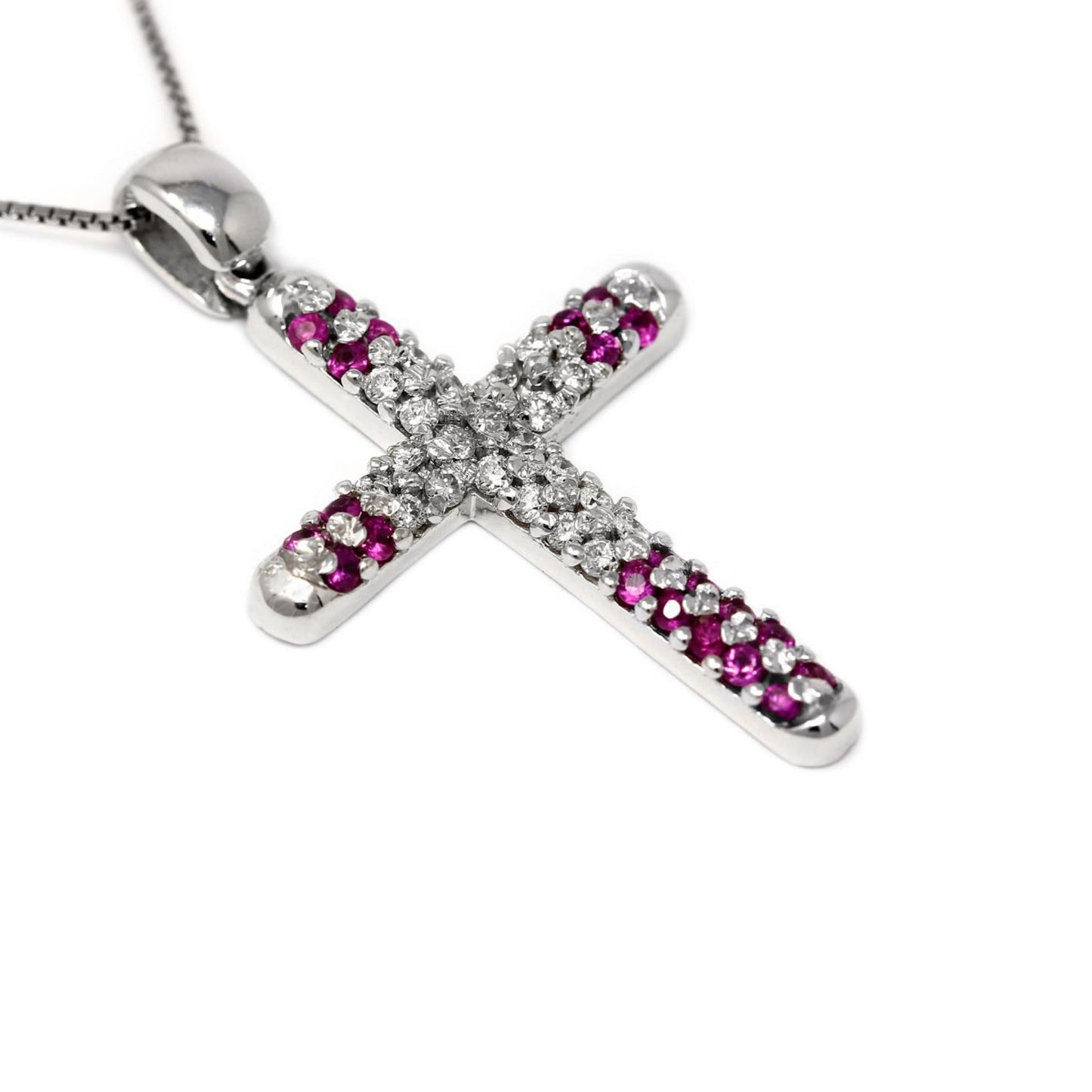 Pendente Croce con Diamanti CT 0.12 e Rubini CT 0.11