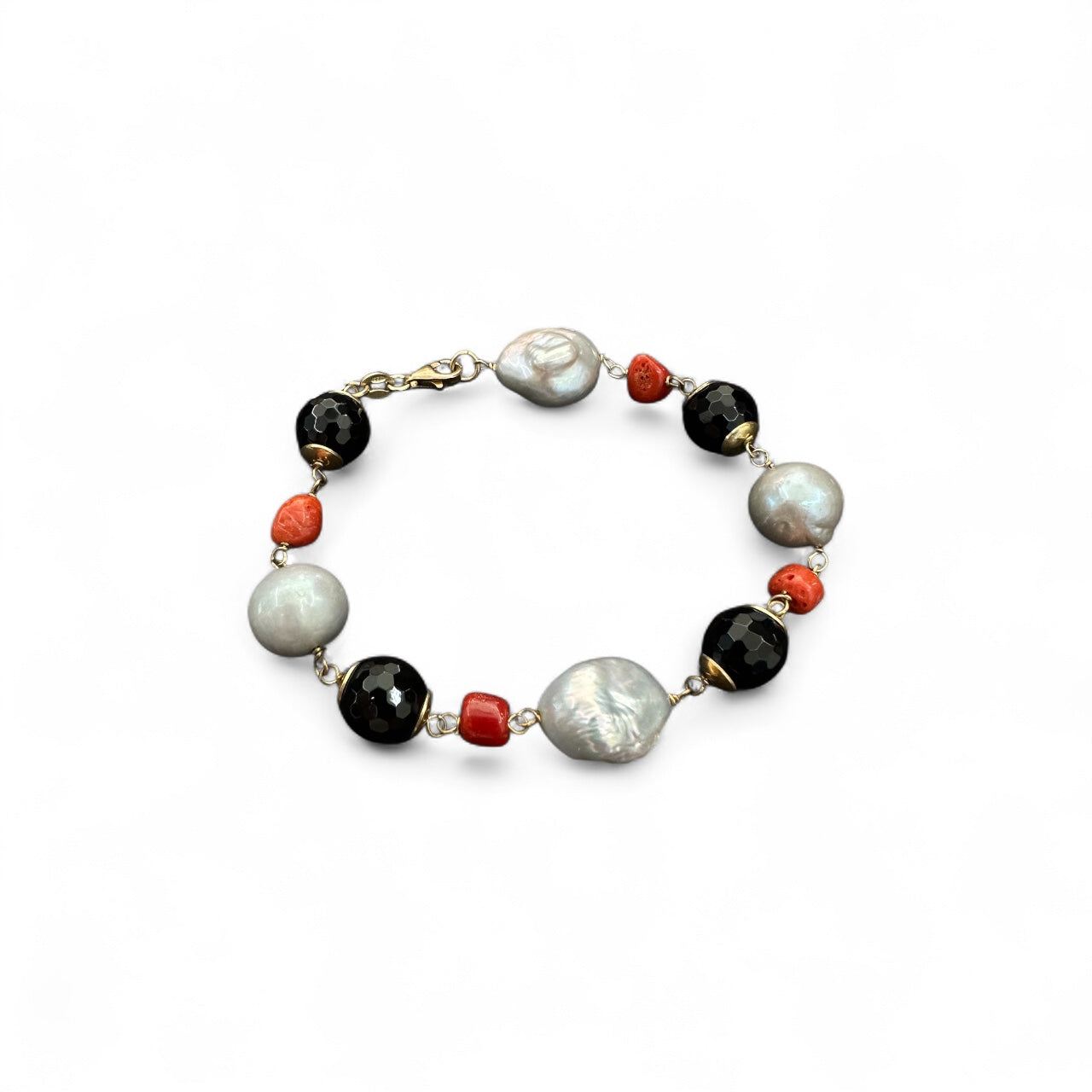 Bracciale in Argento Giallo con Perle Onice e Corallo cm 20
