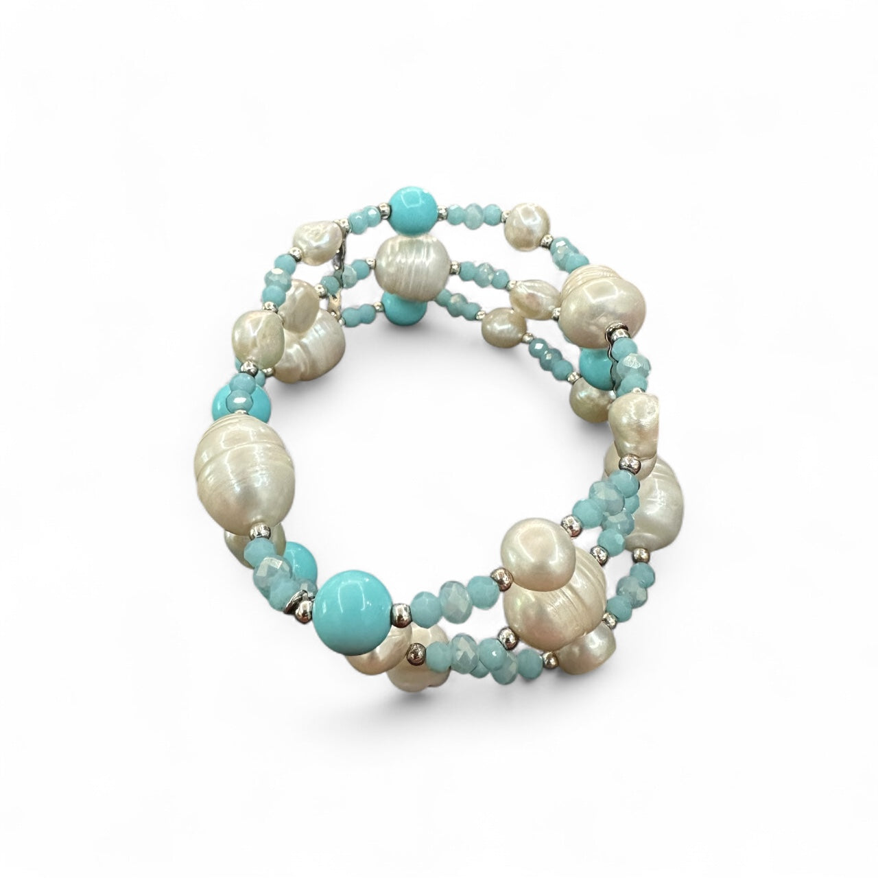 Bracciale Molla in Argento con Perle Freshwater e Turchesi