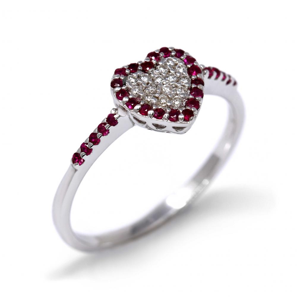 Anello a Cuore con Diamanti Bianchi CT 0.09 e Rubini CT 0.20