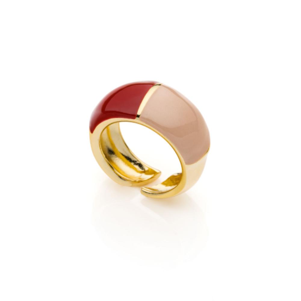 Anello dorato con smalto rosso bordeaux e beige