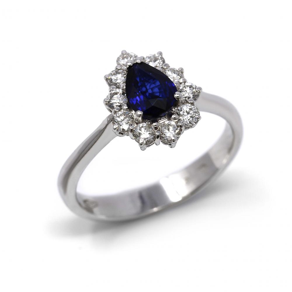Anello a goccia con Zaffiro 0.75 e Diamanti CT 0.46