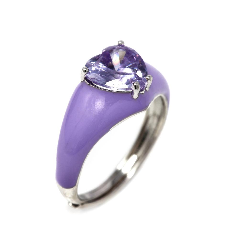 Anello in Argento 925 con Smaltato Viola e con Cuore Centrale mis 13 Regolabile