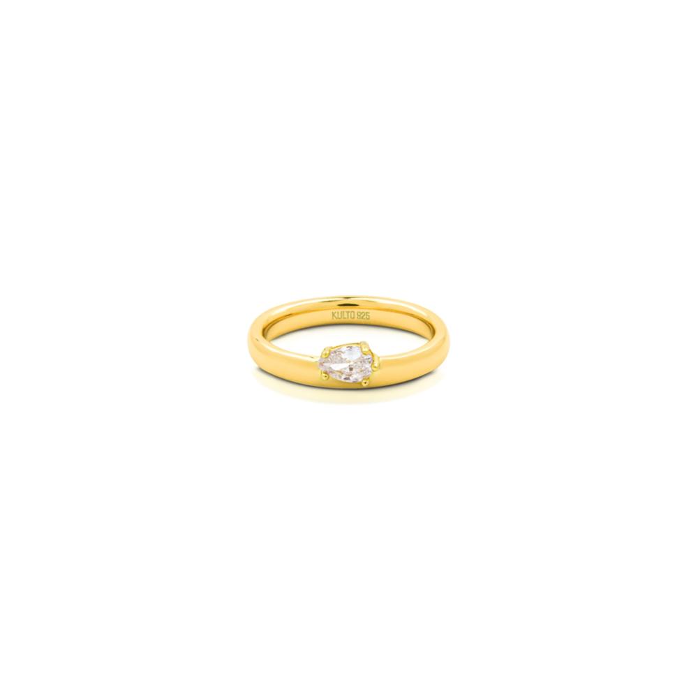 Anello in argento 925 Oro giallo con zircone a forma di goccia bianco