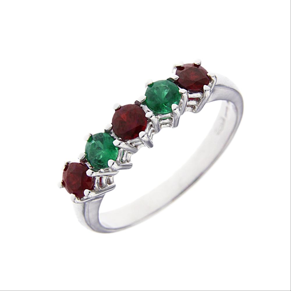 Anello Veretta 5 Pietre con 3 Rubini CT 0.60 e 2 Smeraldi CT 0.34
