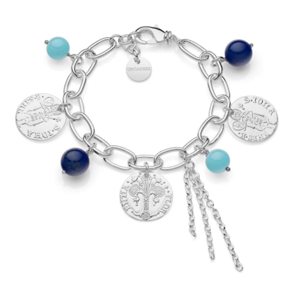 Bracciale con monete e perle blu e turchese