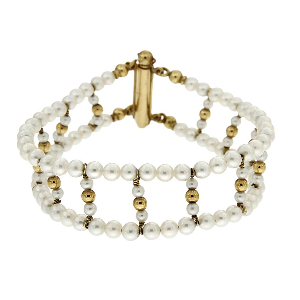 Bracciale di Perla Freshwater 3.5/4 mm a 2 fili con sfere in oro