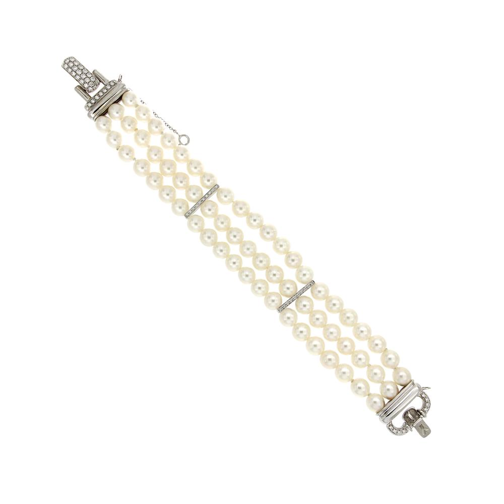 Bracciale di Perle a tre Fili con Distanziatori di Diamanti 7/7.5 mm