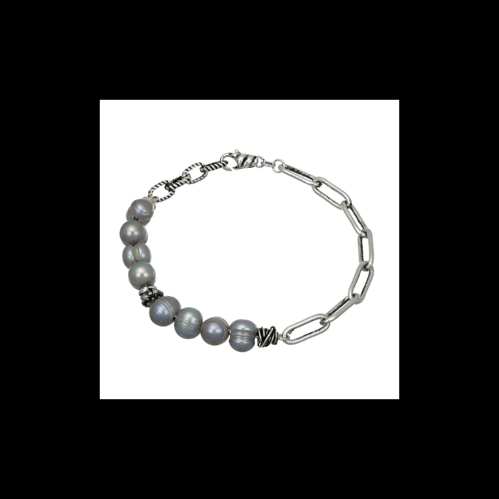 Bracciale di perle grigie con catena in argento 925