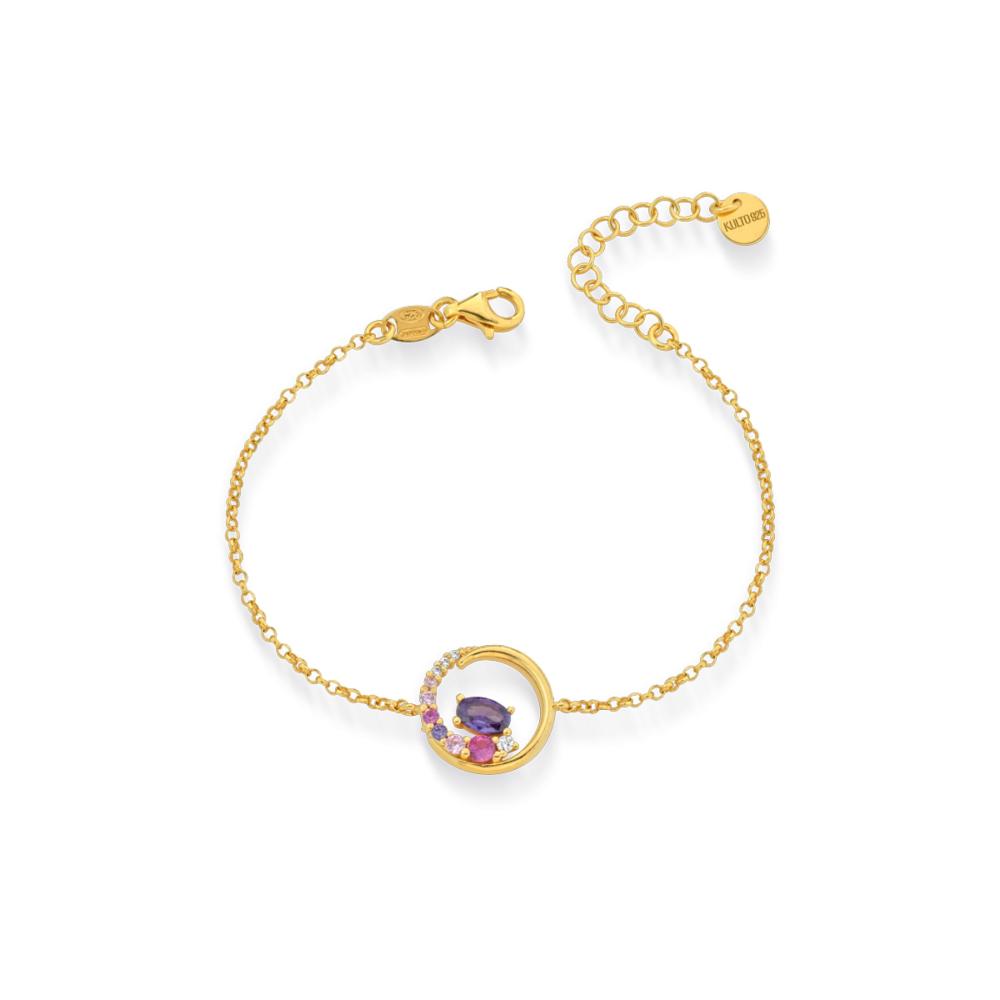 Bracciale in Argento 925 oro giallo, centrale con pietre nelle sfumature di rosa viola e blu.