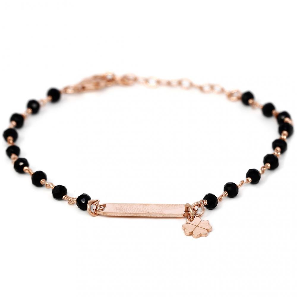 Bracciale in Argento 925 Rosato con Piastra, Onice e Quadrifoglio cm 16.5+3