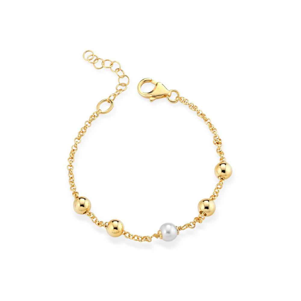 Bracciale in ottone placato Oro 24K, catena con 4 sfere e perla da 6 mm OPS.