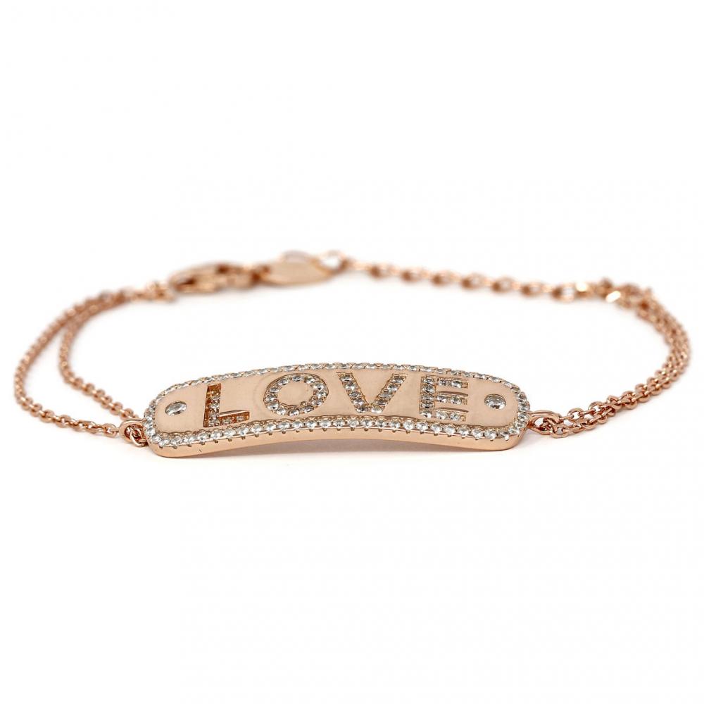 Bracciale Rosato Due Fili in Argento 925 con Piastra Centrale con Scritta LOVE