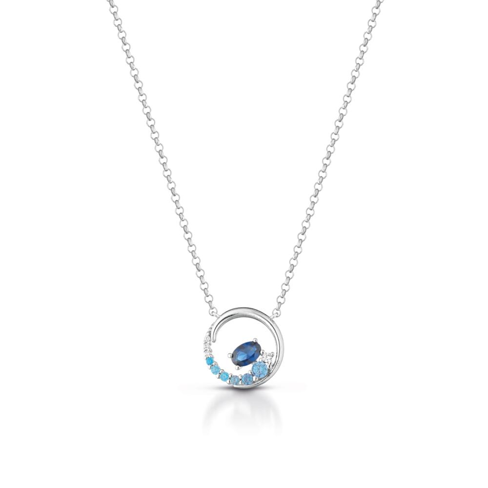 Collana in Argento 925 rodiata, pendente con pietre nelle sfumature di azzurro e blu.