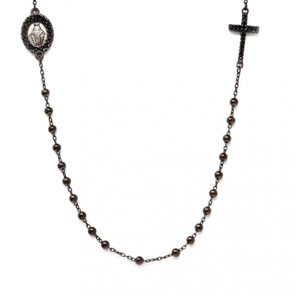 Collane Rosario in Argento 925 con Croce e Madonnina Ruteniata Nera e Zirconi Neri