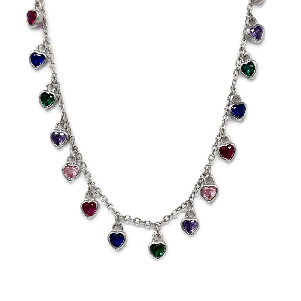 Girocollo con Cuori in Argento 925 e Zirconi Vari Colori cm 42+3