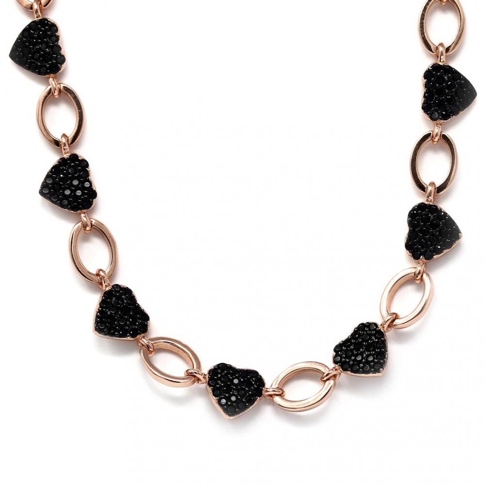 Girocollo Cuori in Argento 925 Rosa con Zirconi Neri cm 34+5