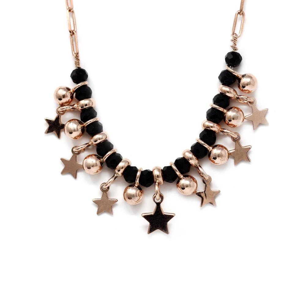 Girocollo Stelle e sfere con Pietre Nere in Argento 925 Rosato cm 39+5