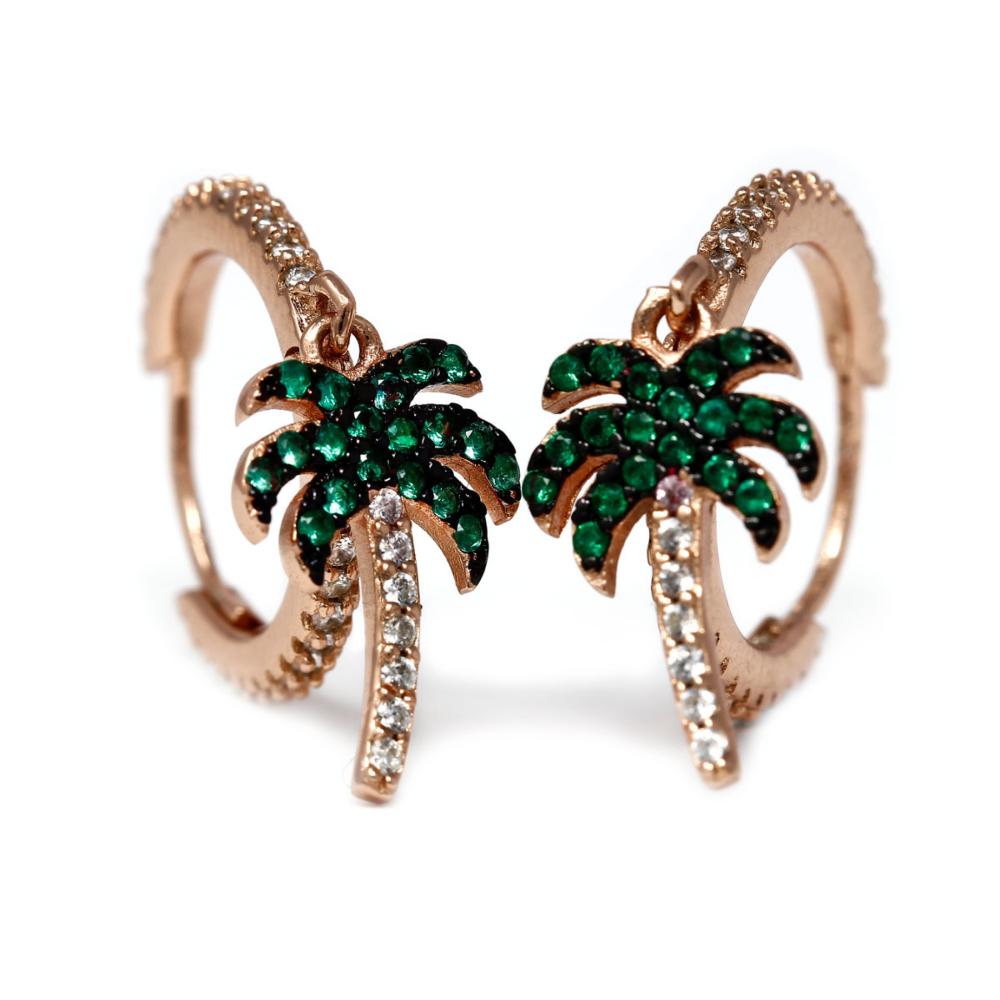 Orecchini a Cerchio con Zirconi in Argento 925 e Palma Zirconata Verde da cm 1.7