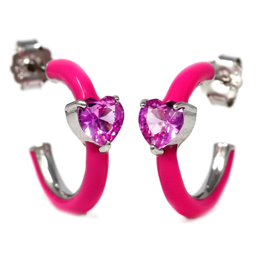 Orecchini a Cerchio in Argento 925 Smaltati Fucsia e Cuore Centrale Diametro cm 2