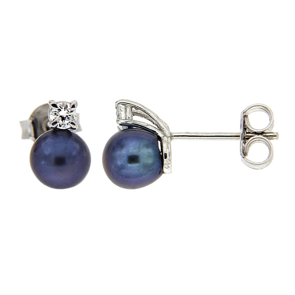 Orecchini con Perle Freshwater Grigie 5,5/6 mm e 2 Diamanti CT 0.14