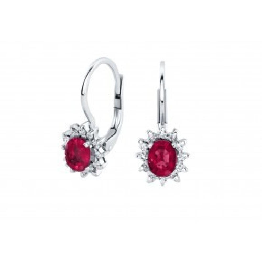 Orecchini monachella in argento con cestello di zirconi e pietra rossa