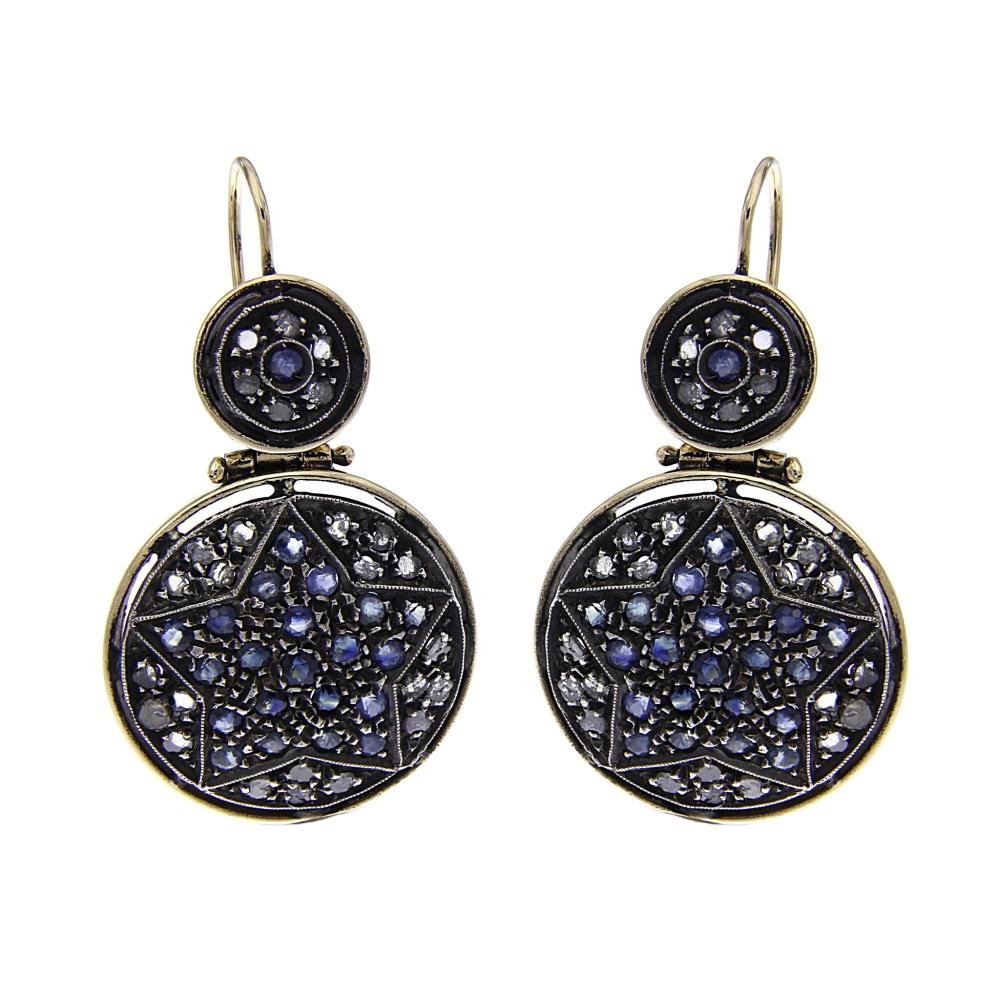 Orecchini Stile Antico in Oro 12kt con 52 Diamanti CT 1.08 e 52 Zaffiri CT 2.08
