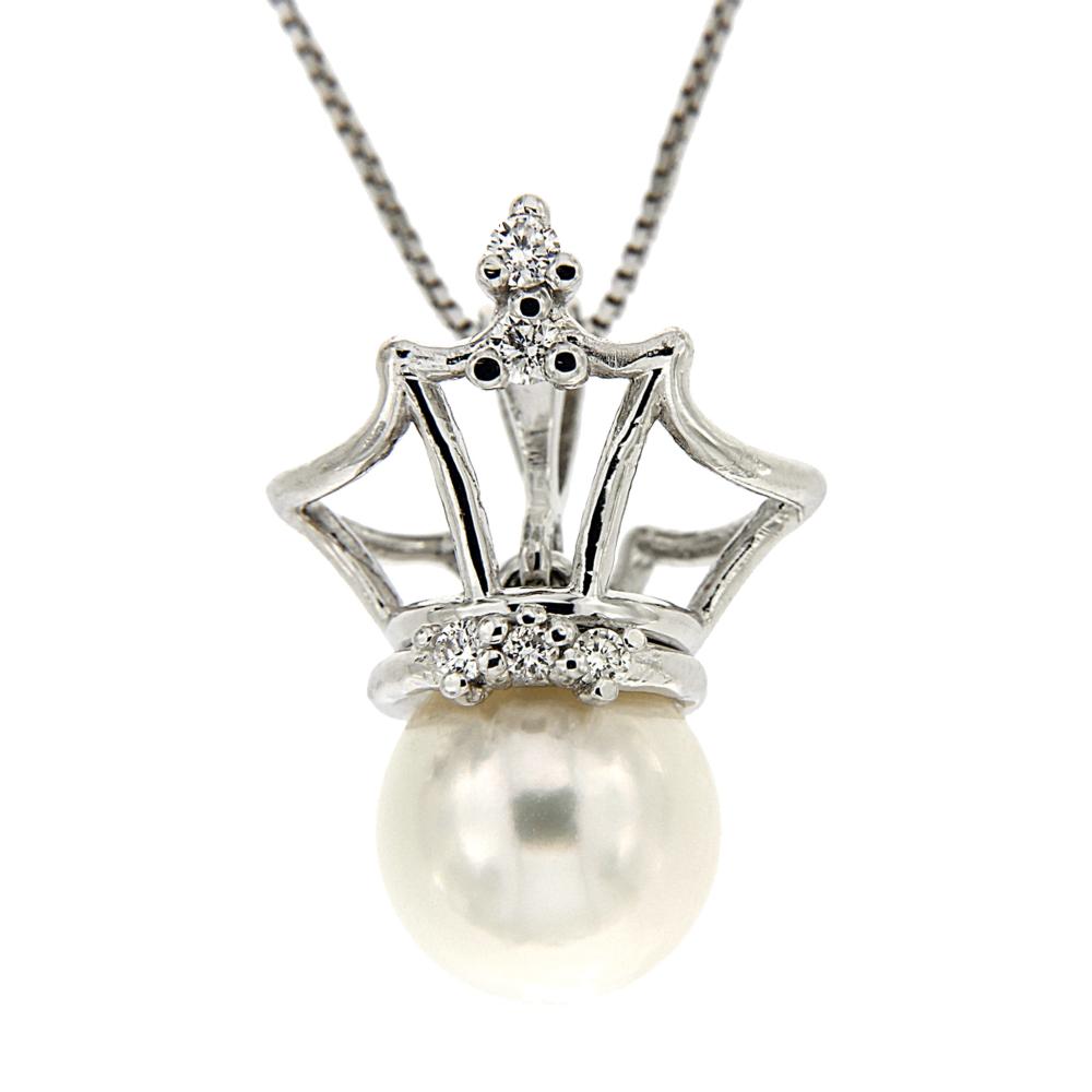 Pendente Corona con Perla 7.5/8mm e Diamanti CT 0.07