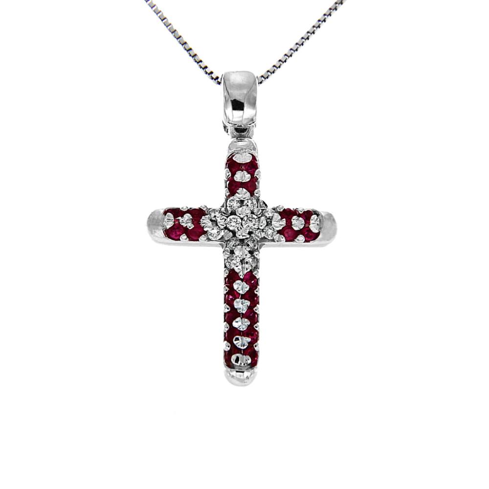 Pendente Croce con 12 Diamanti CT 0.06 e 22 Rubini CT 0.11