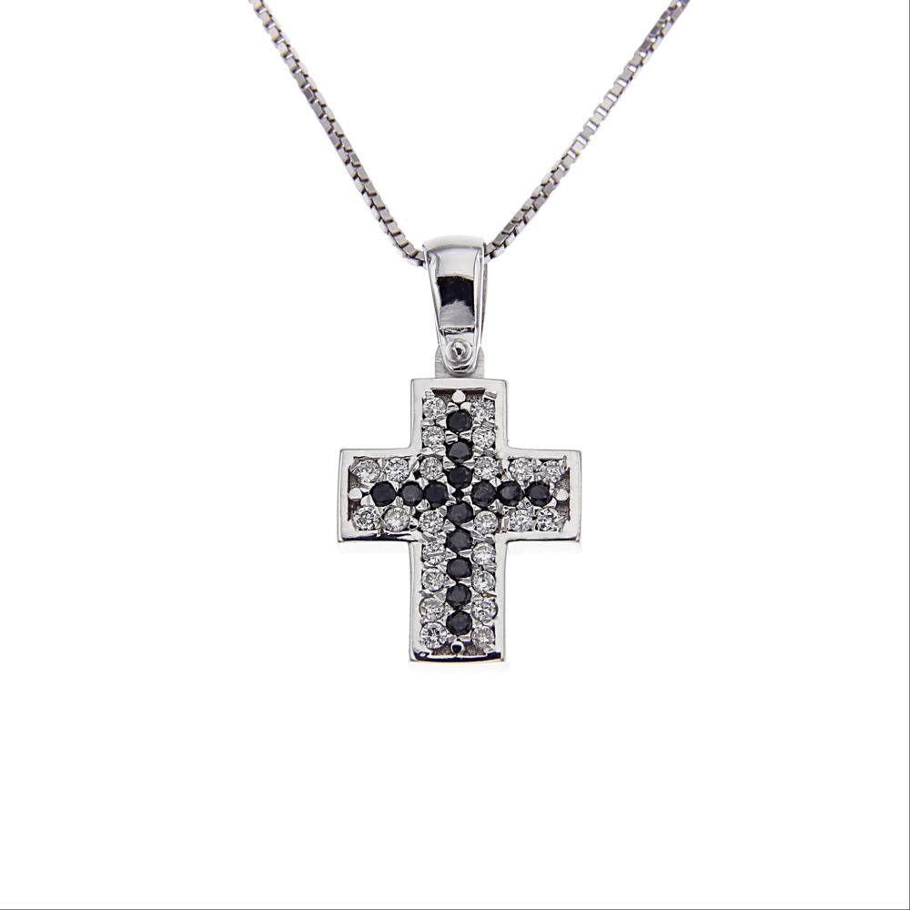 Pendente Croce con Diamanti CT 0.14 e Neri CT 0.10