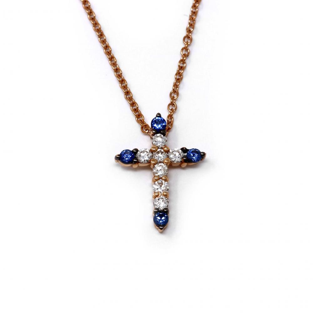 Pendente croce con Diamanti Bianchi CT 0.15 e Zaffiri CT 0.11