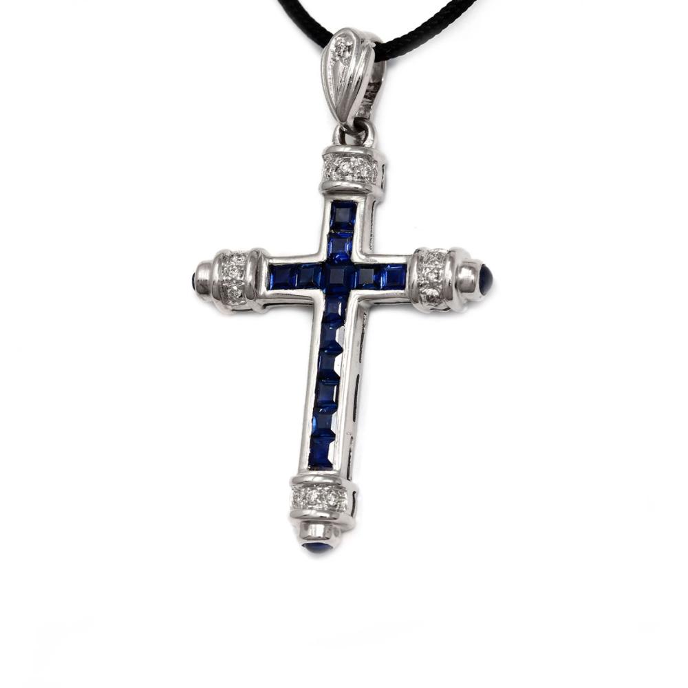 Pendente Croce con Diamanti CT 0.07 e Zaffiri CT 0.98