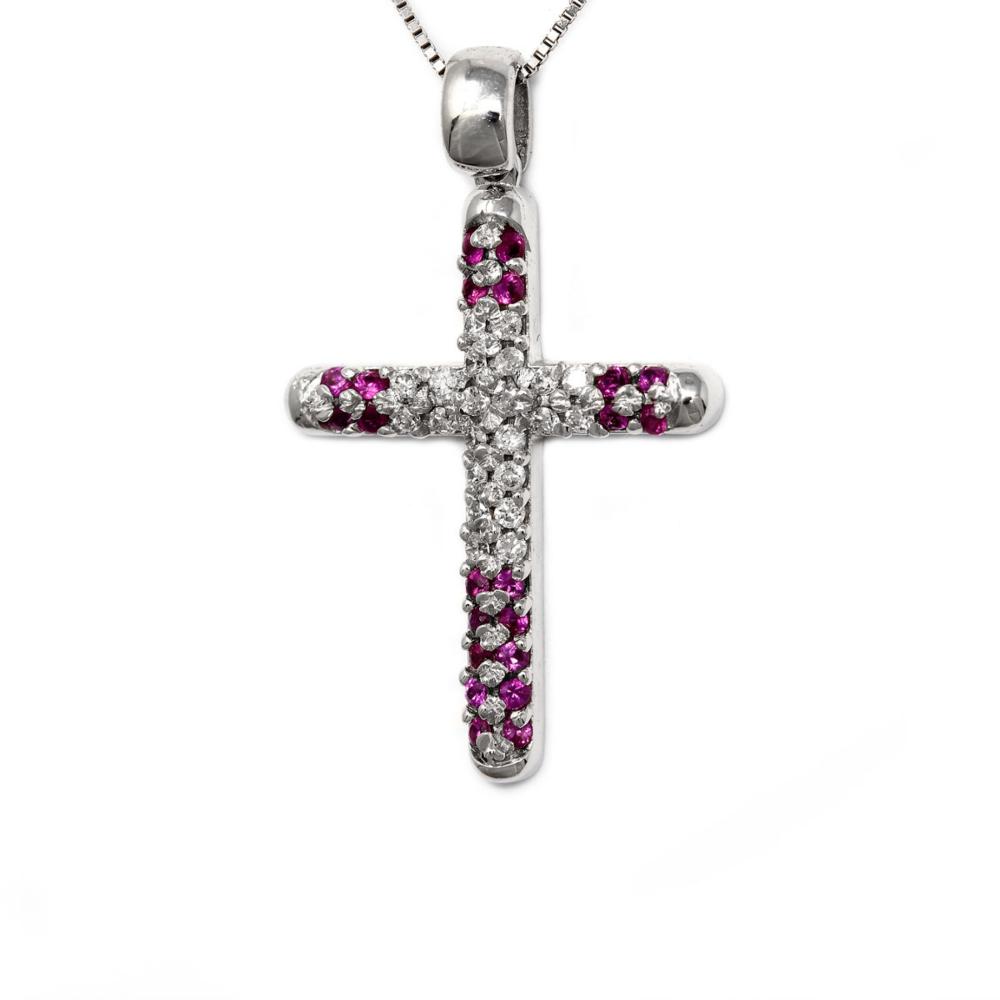 Pendente Croce con Diamanti CT 0.12 e Rubini CT 0.11