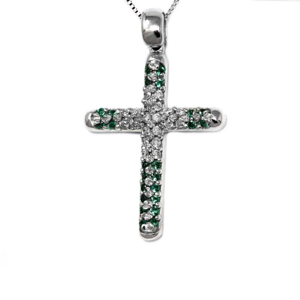 Pendente Croce con Diamanti CT 0.12 e Smeraldi CT 0.11
