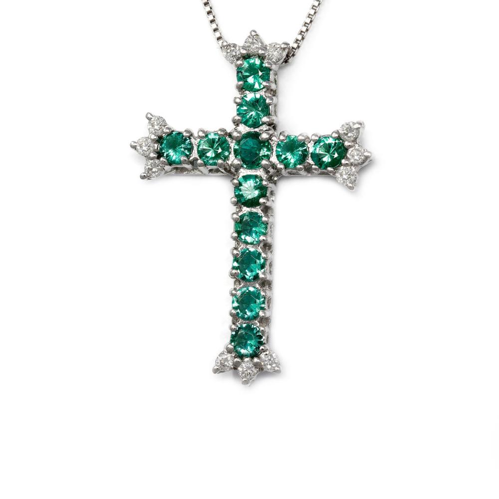 Pendente Croce con Diamanti CT 0.24 e Smeraldi CT 0.83