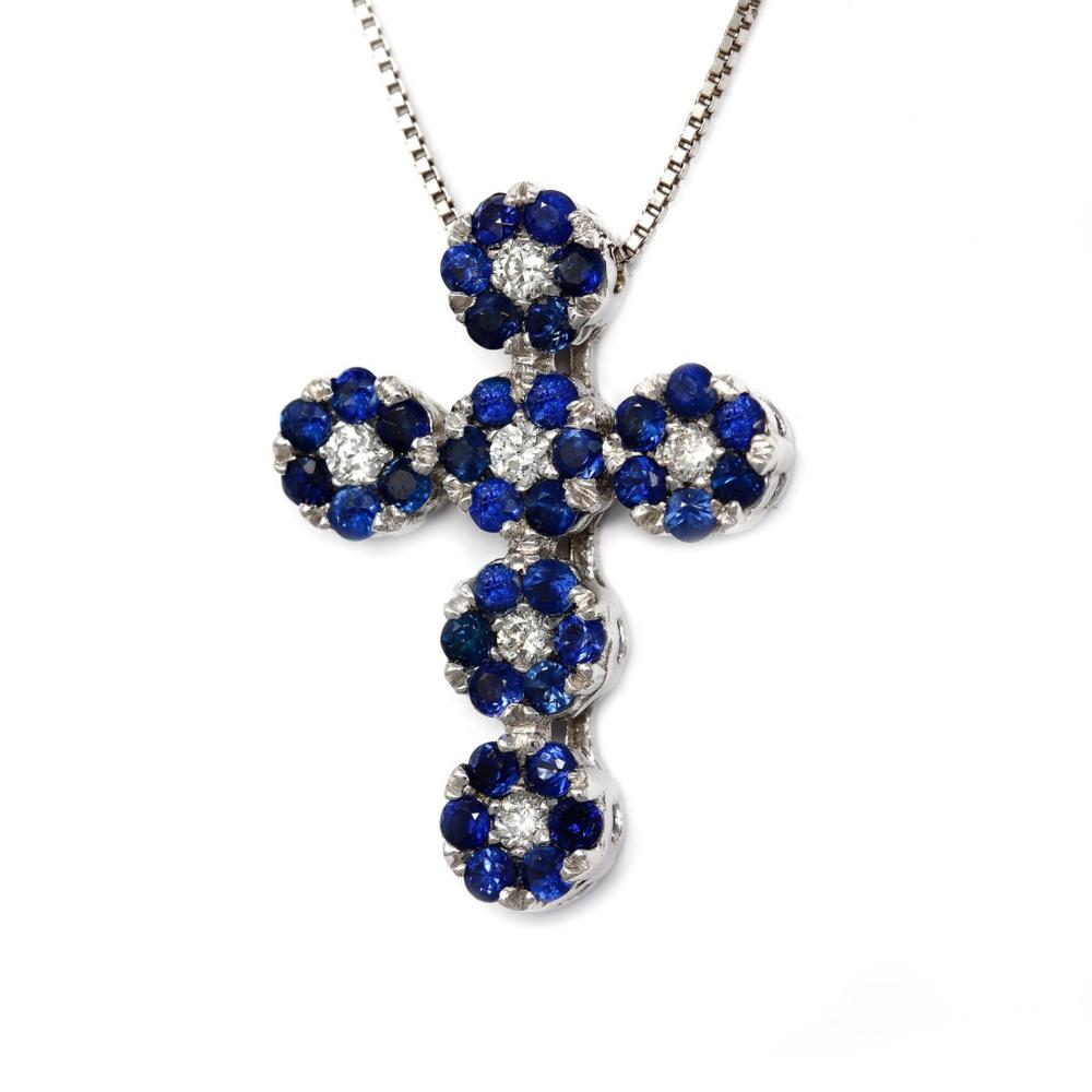 Pendente Croce con Diamanti CT 0.12 e Zaffiri CT 0.38