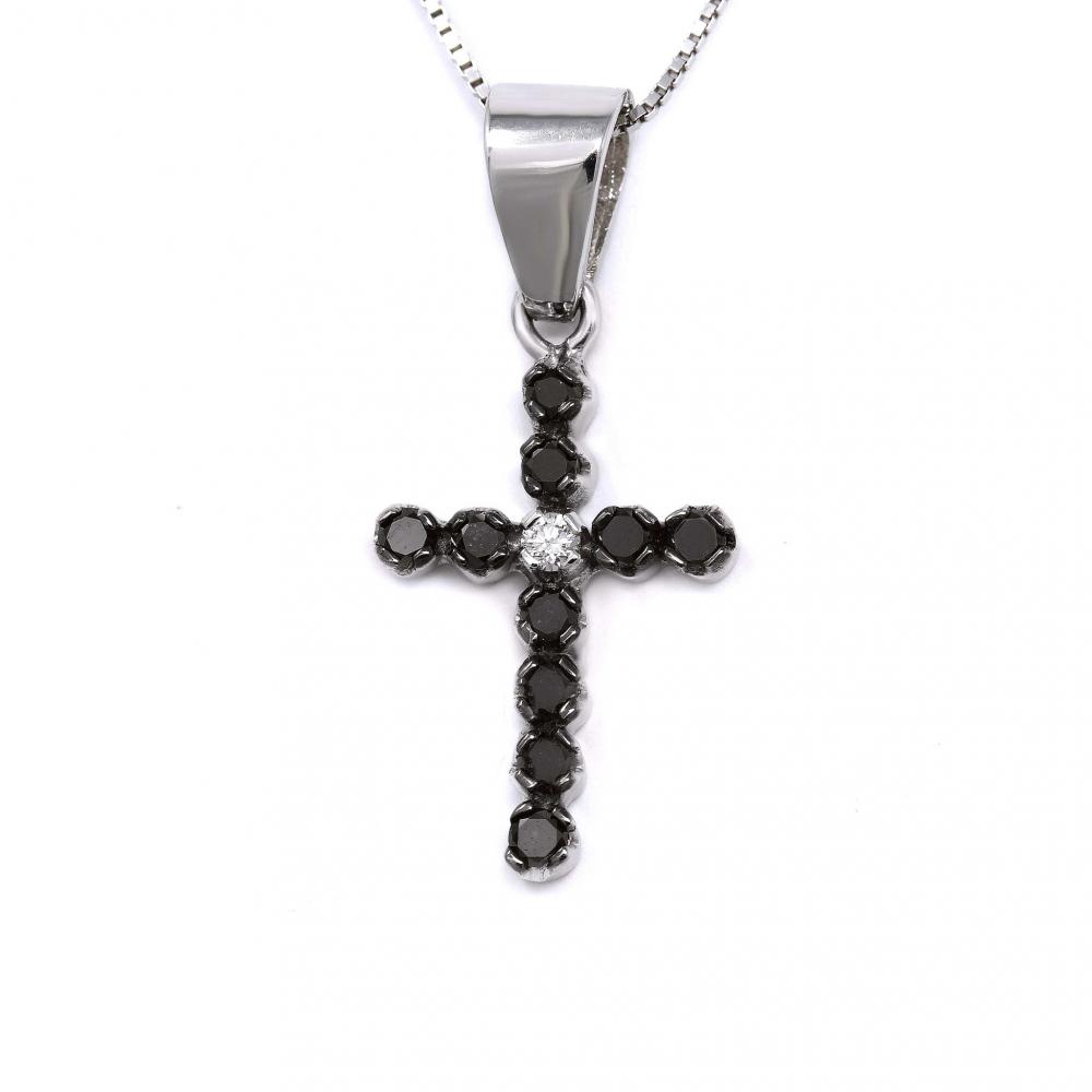 Pendente Croce con Diamanti Neri CT 0.24 e Bianco CT 0.02