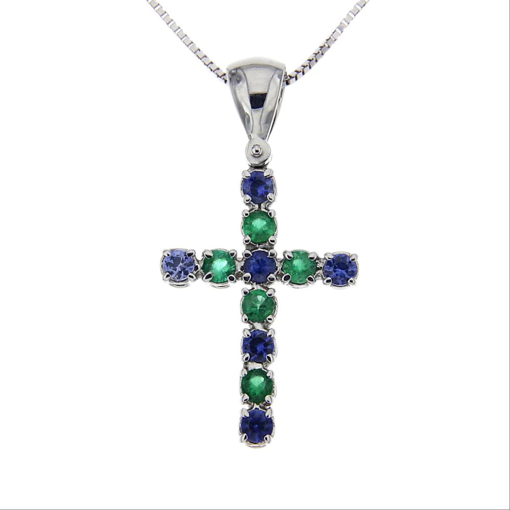 Pendente Croce con Smeraldi CT 0.33 e Zaffiri CT 0.53