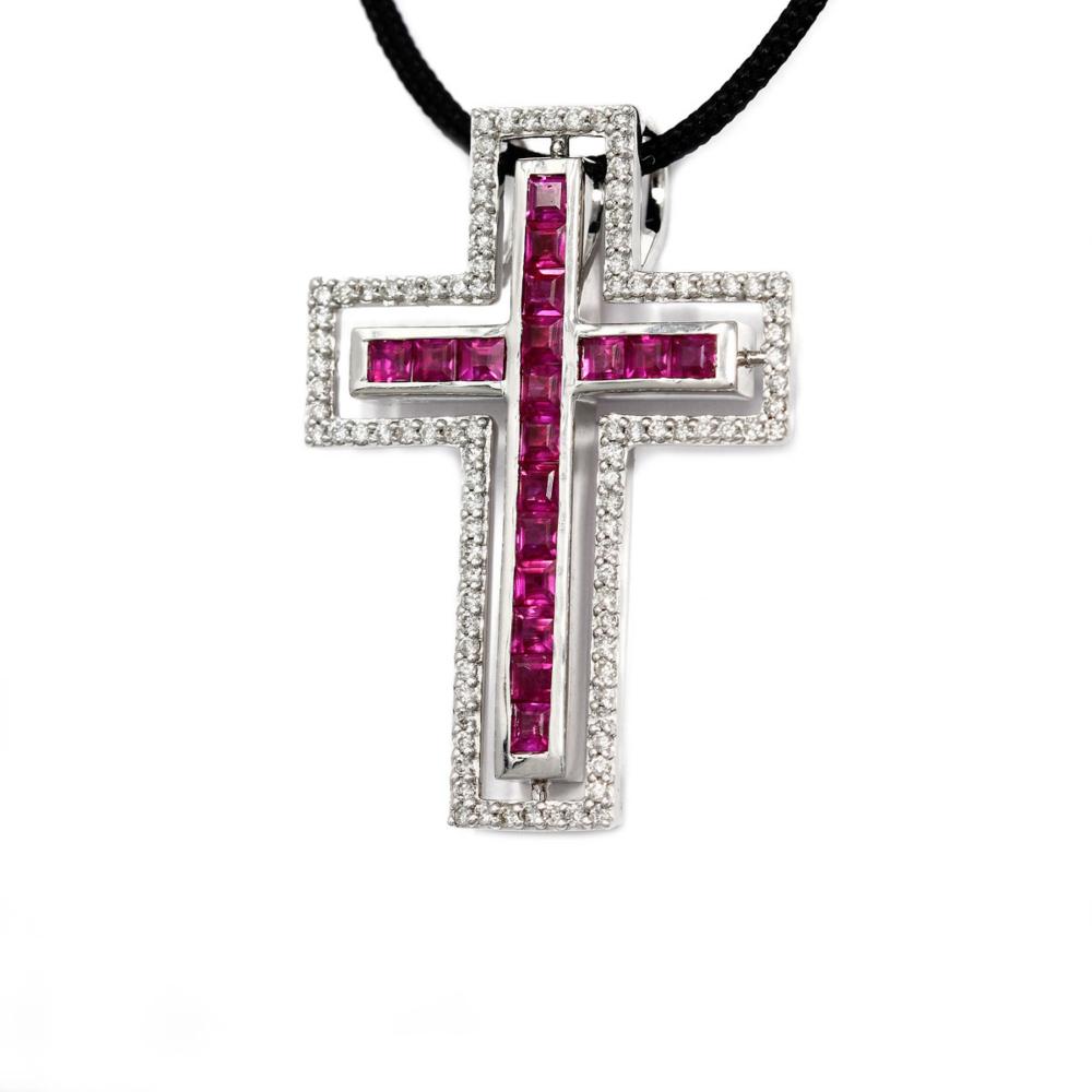 Pendente Croce Girevole con Diamanti CT 1.29 e Rubini CT 0.77