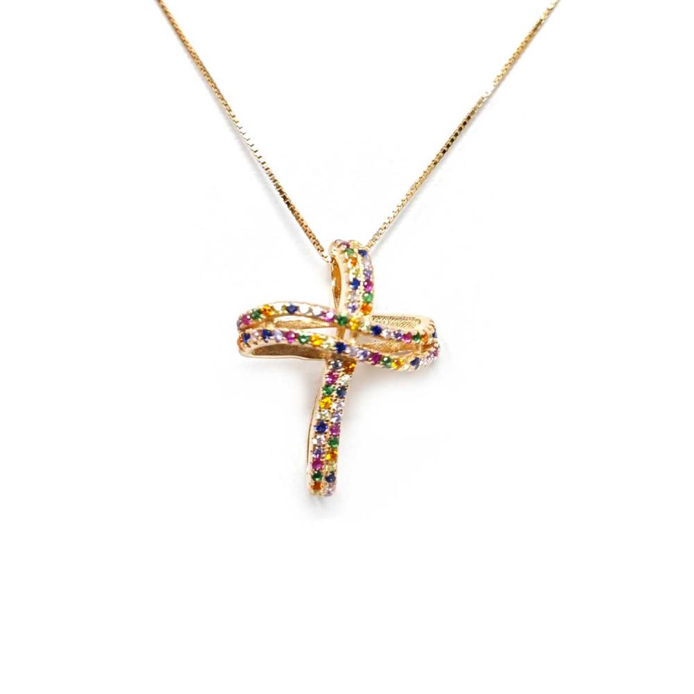 Pendente croce stilizzata in argento rosato con zirconi colorati