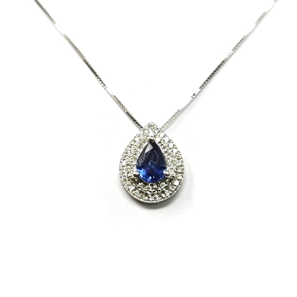 Pendente Goccia di Zaffiro CT 0.41 e Diamanti CT 0.18