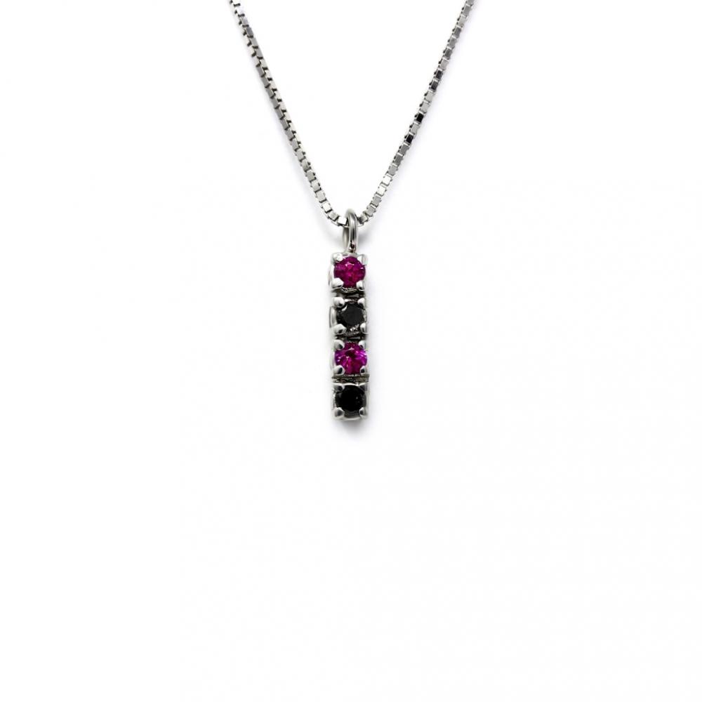 Pendente Stilizzato con 2 Diamanti Neri CT 0.06 e 2 Rubini CT 0.08