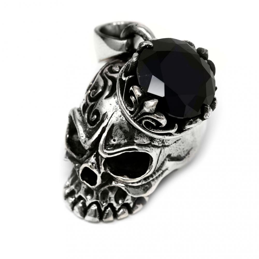 Pendente Teschio in Argento 925 con Cappello con Zircone Nero