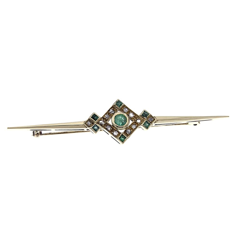 Spilla in Oro 14kt con 12 Diamanti CT 0.20 e 7 Smeraldi CT 0.70