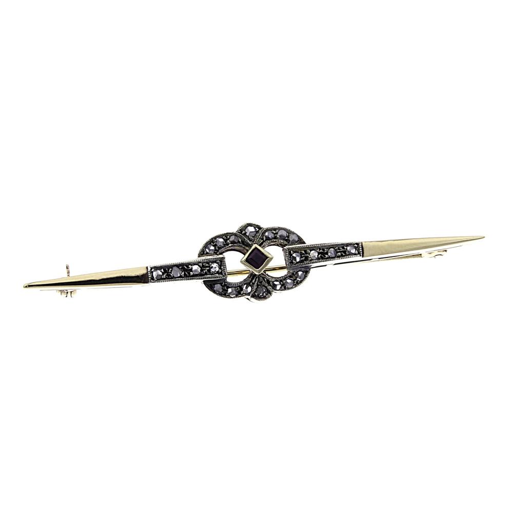 Spilla in Oro 12kt con 22 Diamanti CT 0.22 e Rubino CT 0.06