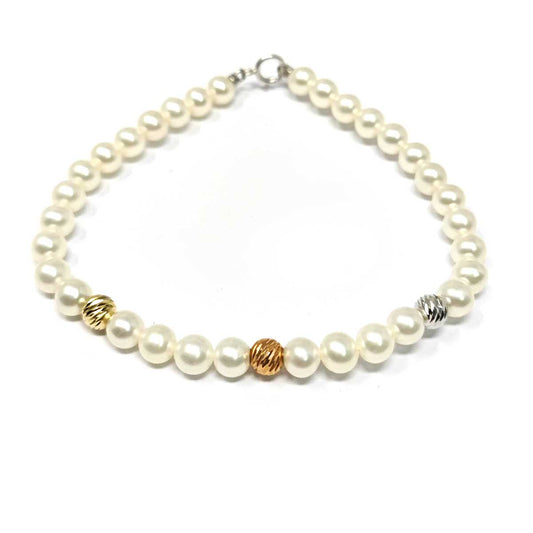 Bracciale di Perla A.D. 5/5.5 mm con 3 Sfere in Oro Biicolore