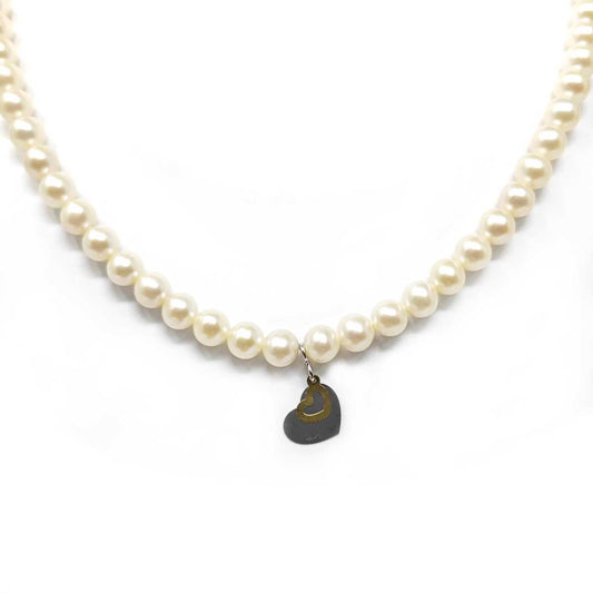 Girocollo di Perle 5/5,5mm con Cuori in Oro Bicolore